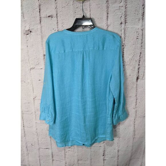 Charter Club Blue 100% Linen Button Up Roll Tab Blouse Sz L Large Pintuck Pleats - Picture 2 of 6